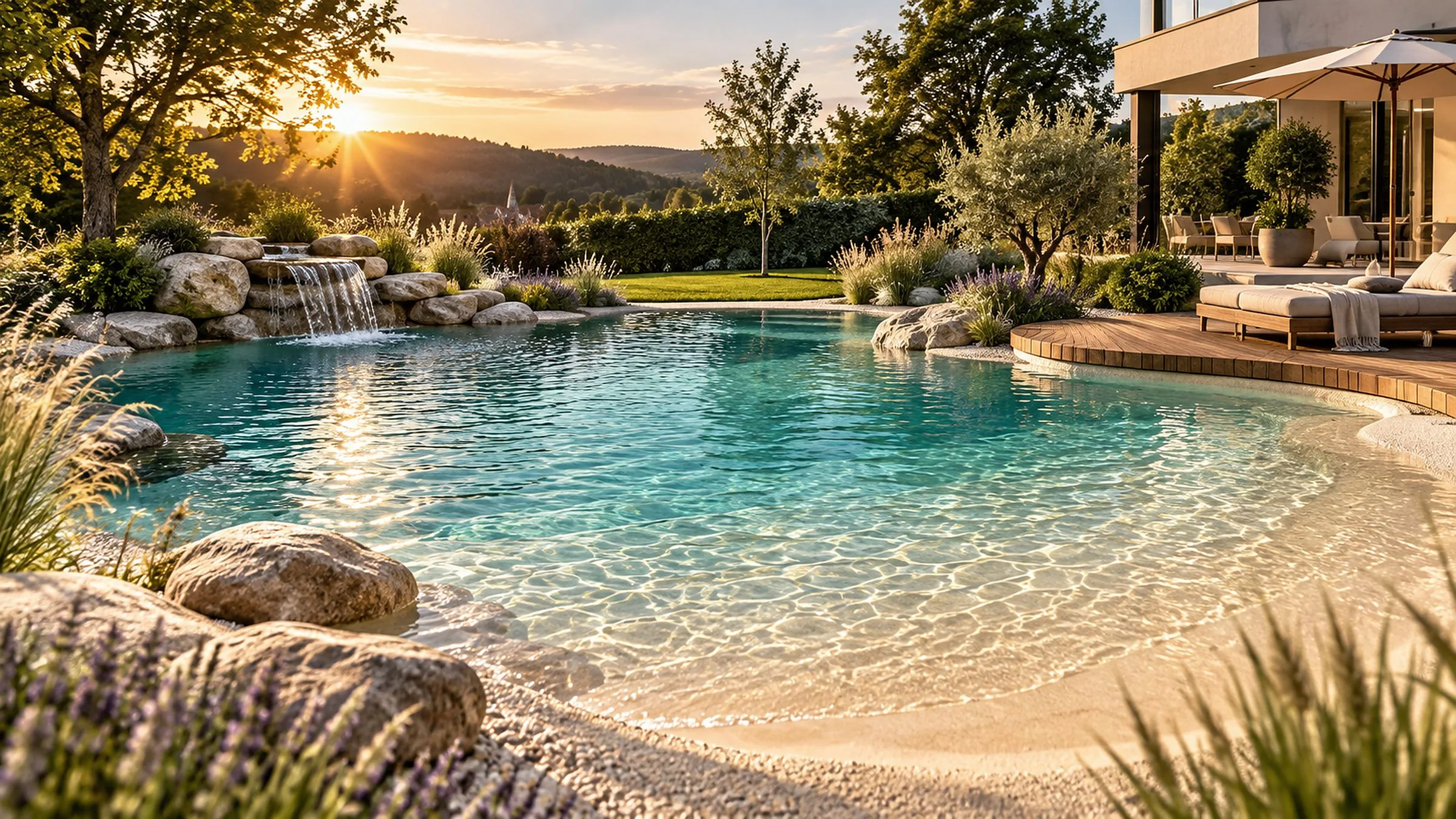 Biodesign-Strandpool im Abendlicht mit breitem Sandstrand, Wasserfall über Naturstein und Holzdeck vor dem Haus