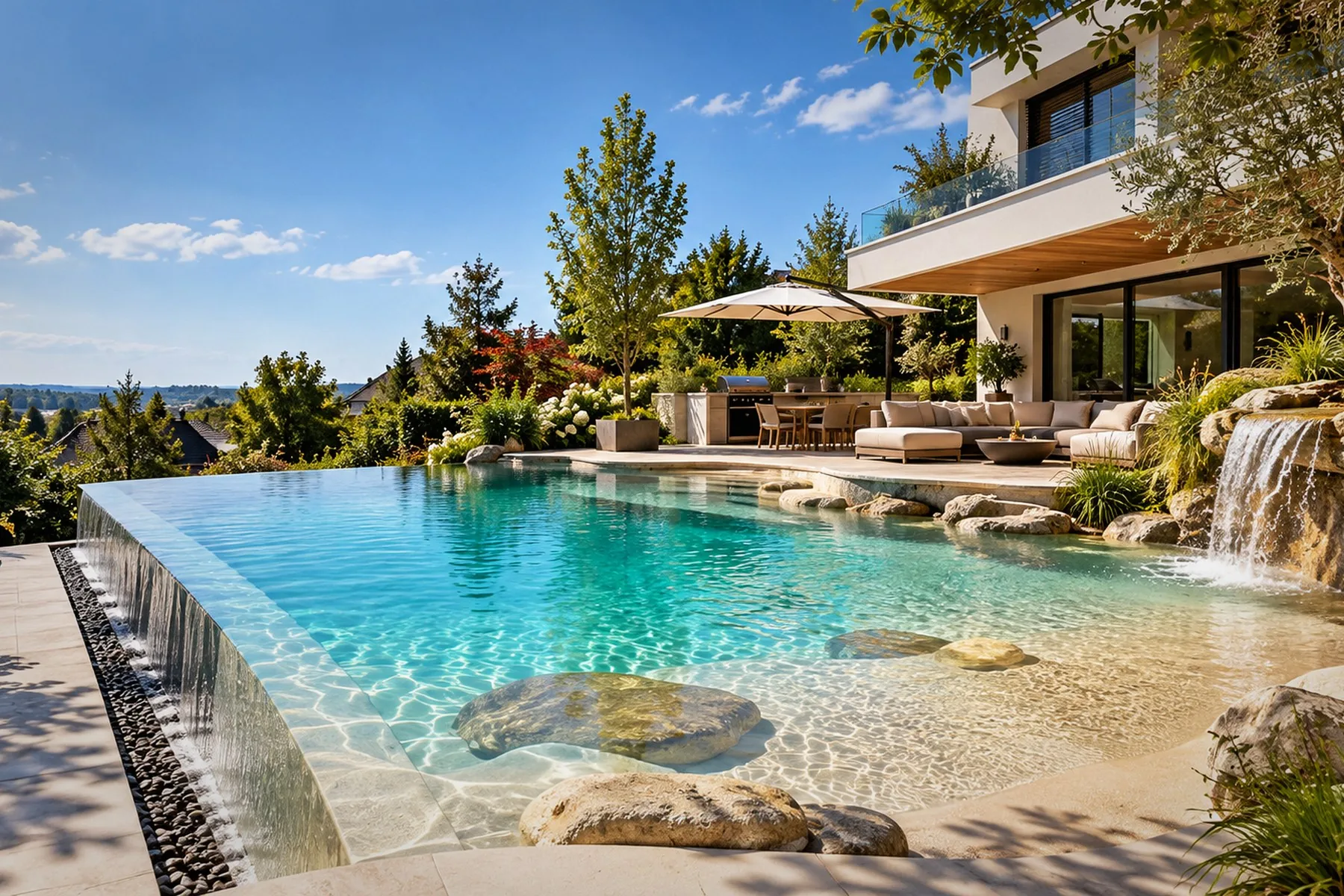Biodesign-Pool mit Überlaufkante, flachem Sandbereich, Findlingen im Wasser und Terrasse mit Aussenküche