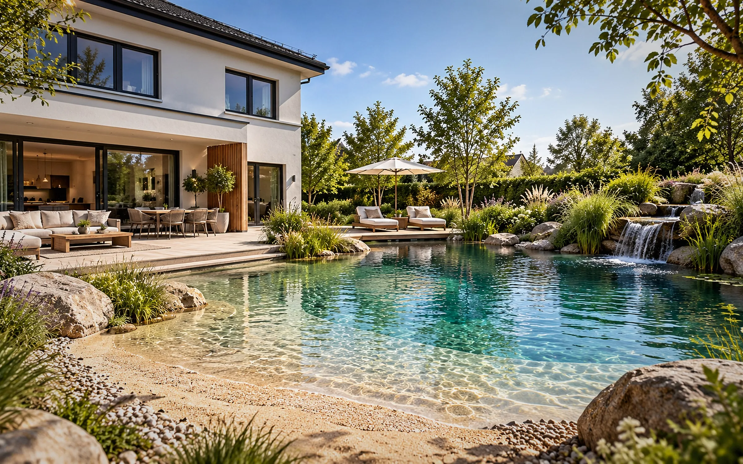 Biodesign-Pool mit tiefem Schwimmbereich, flacher Bucht, Naturstein und Wasserfall vor einem Wohnhaus