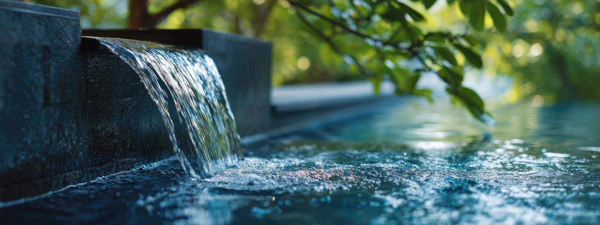 Wasser fällt über eine dunkle Natursteinkante in ein Becken
