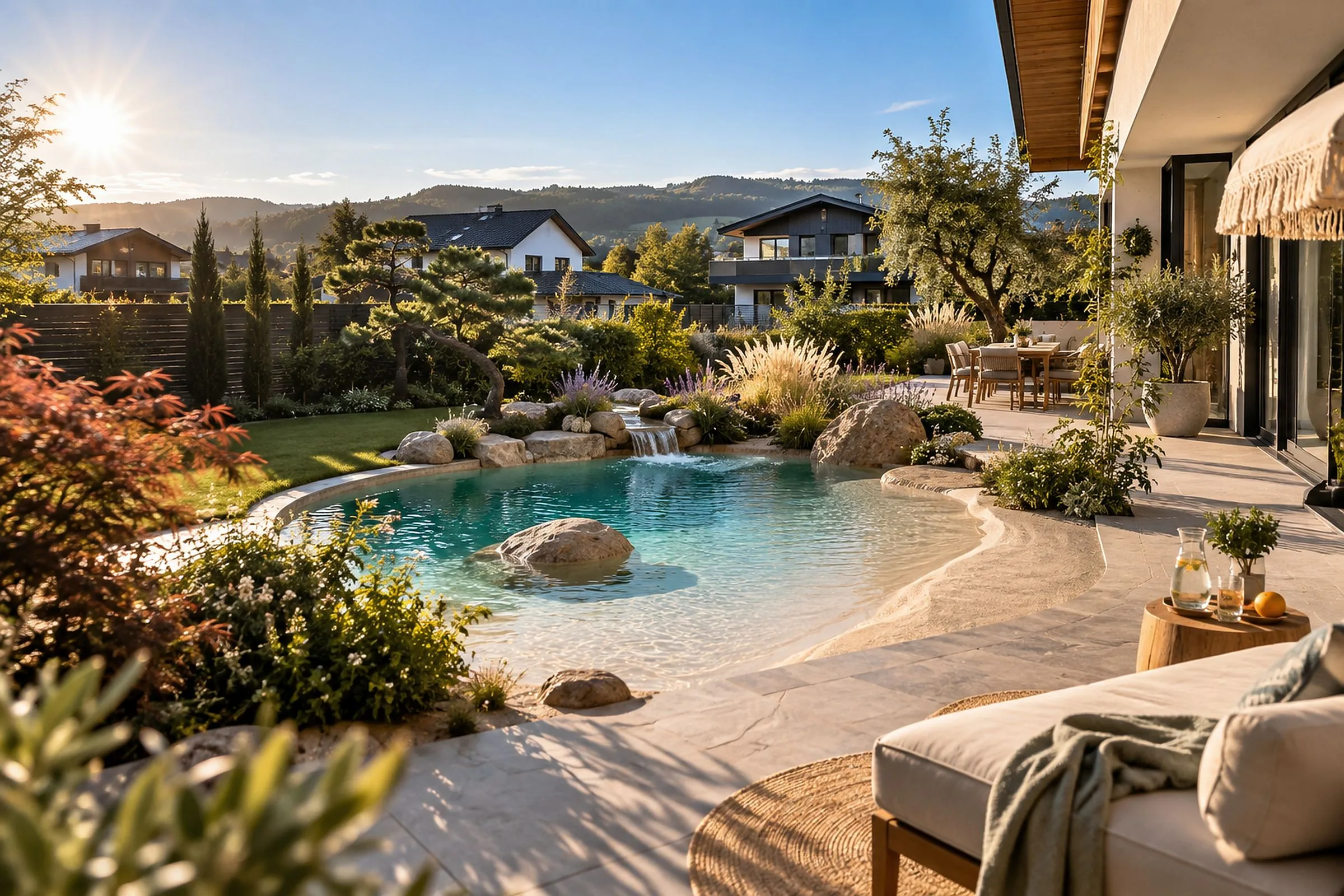 Fertige Gartenanlage mit Biodesign-Pool, Sandstrand, Wasserfall, Natursteinterrasse, Bepflanzung, Essplatz und Lounge