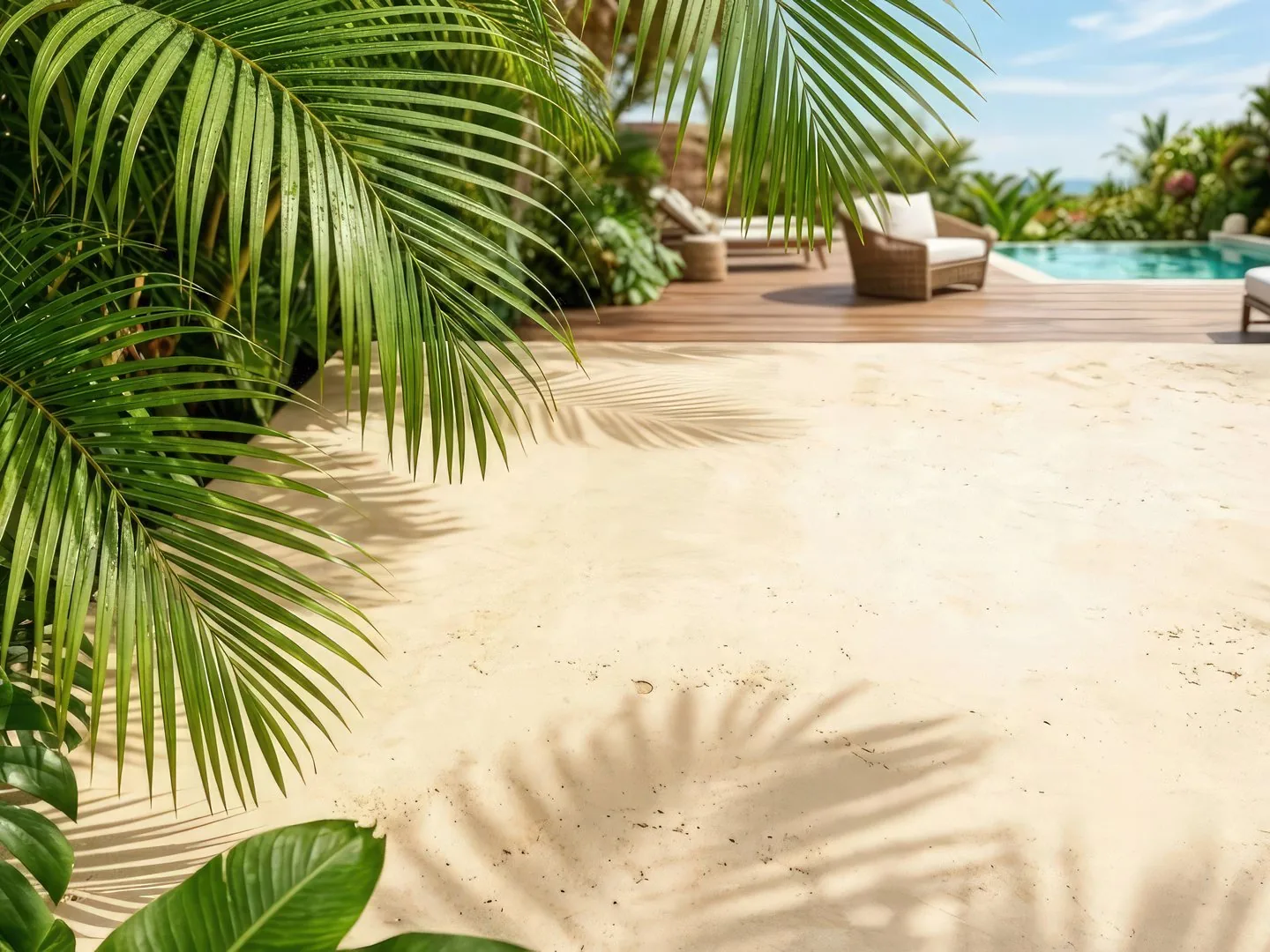 Heller Sand mit Palmenschatten, dahinter ein Pool